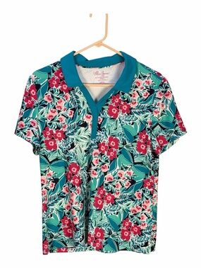 Lilly Pulitzer Teal Floral Polo Top Golf